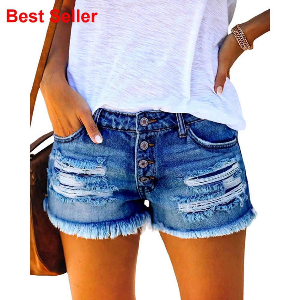 Ripped Denim Jean Shorts Mid Rise Raw Hem Casual Summer